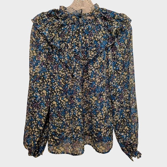 Boden V Yoke Flounce Sheer Floral Blouse Top Nebulas Blue Ruffle Size 4 - Picture 4 of 10